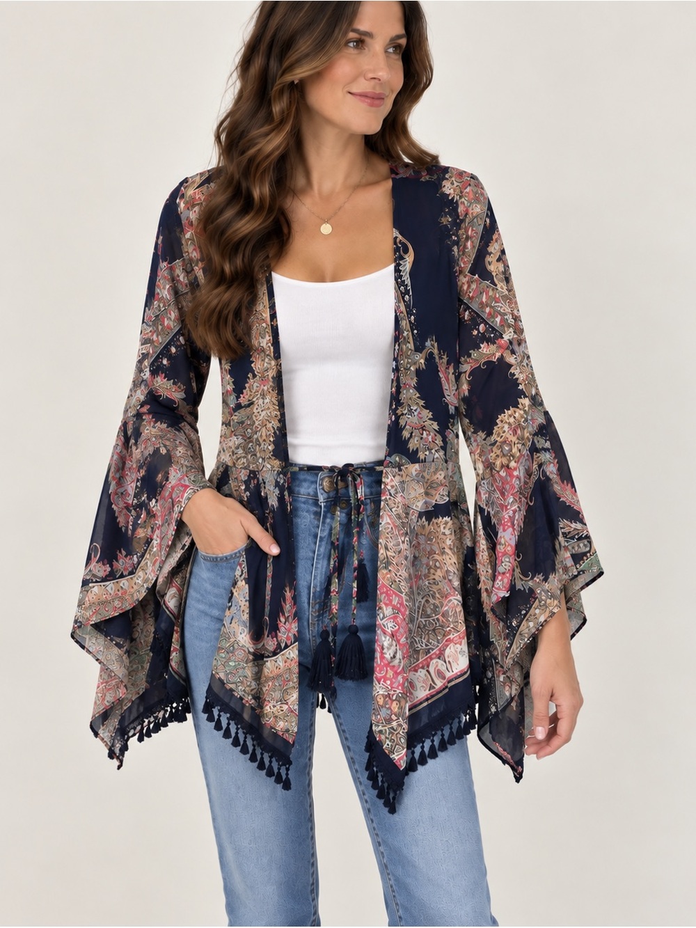 Umgee Navy Paisley Kimono Top Boho Tassel Fringe Tie Front Size L